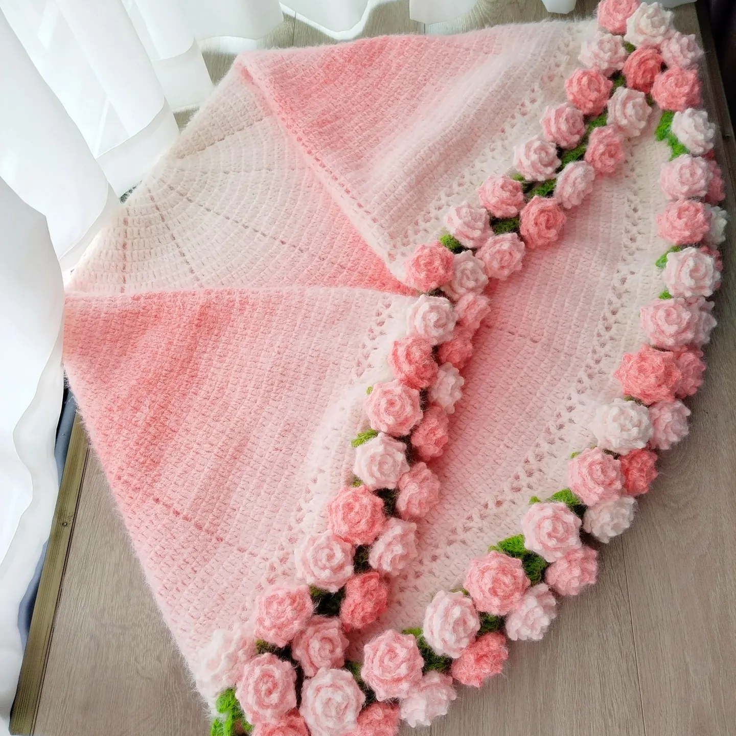 Handmade Crochet 3D Rose Blossom Blanket | Pink Gradient Floral Afghan Throw for Cozy Bedroom & Nursery